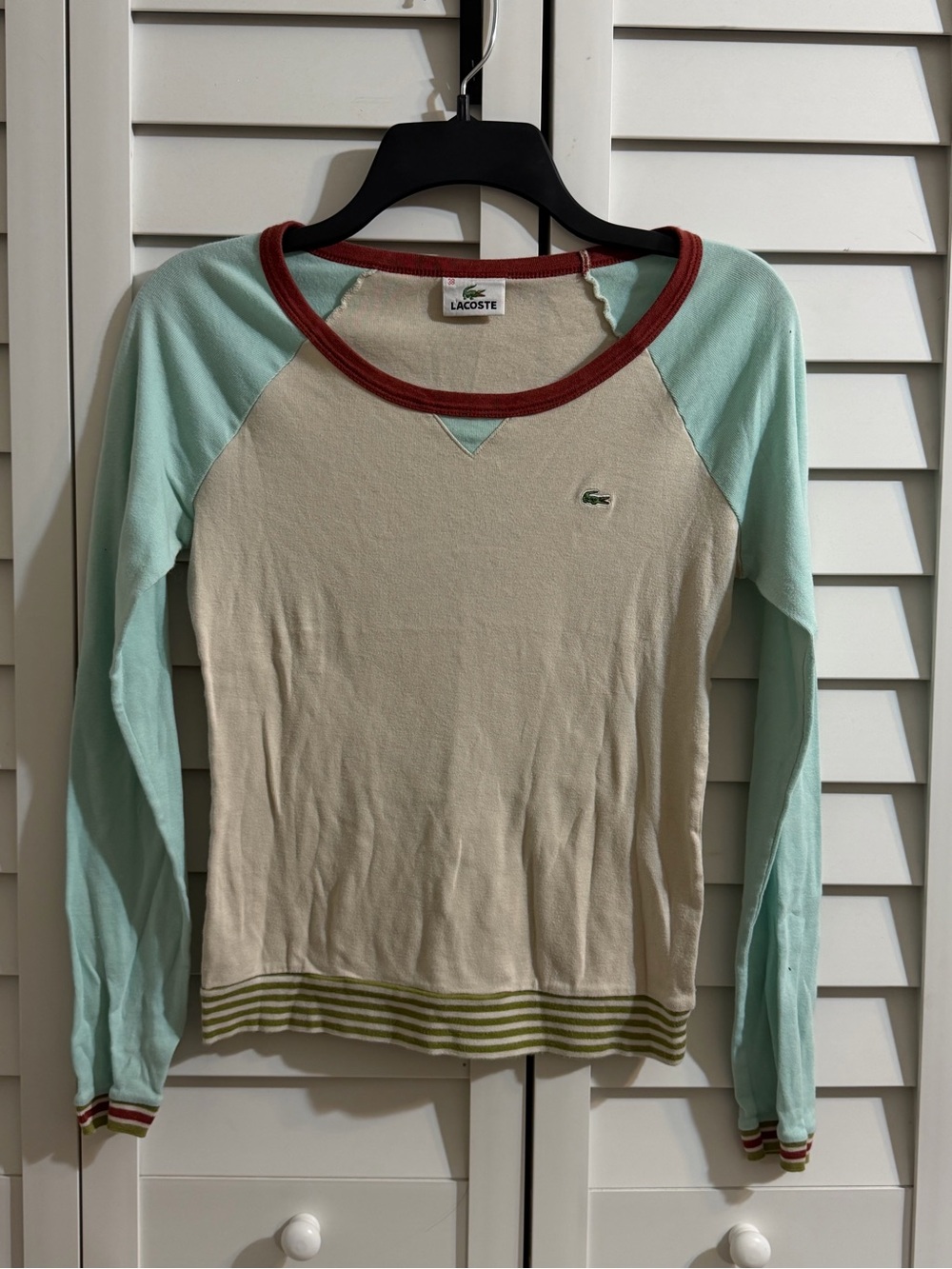 Lacoste Cream & Mint Long Sleeve Raglan Tee with Red Trim